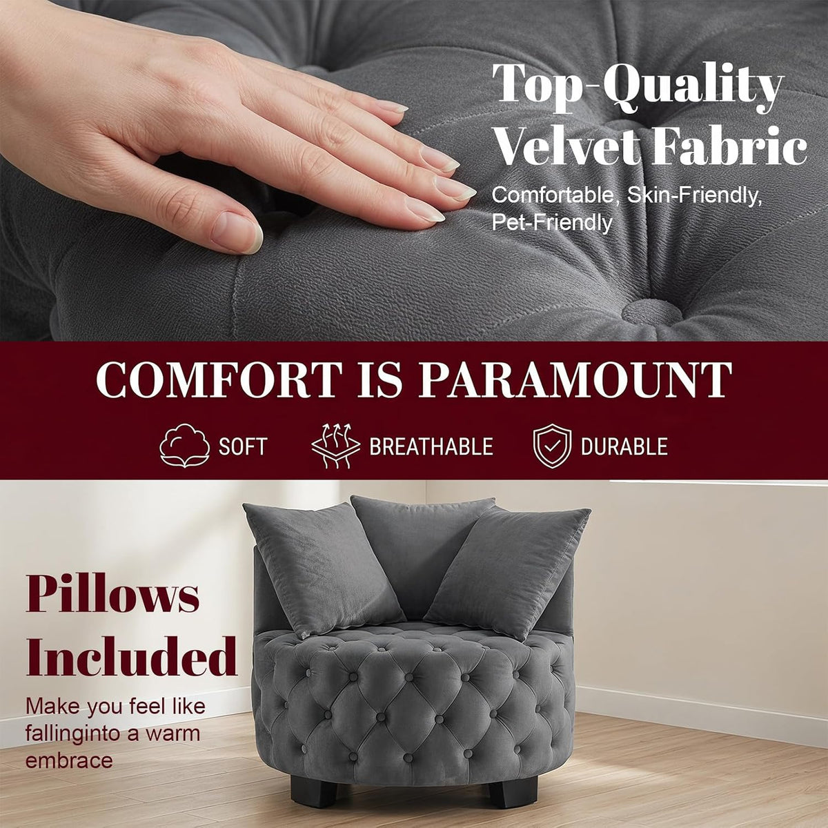 Upholstered Tufted Accent Barrel Chair with 3 Pillows, Contemporary Round Lounge Club Sofa Chair, Leisure Armchair for Living Room Hotel Bedroom, Dark Gray Velvet