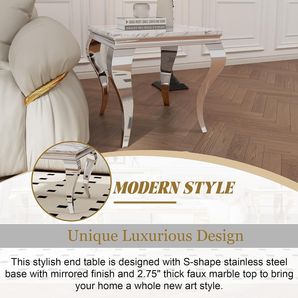 Square Faux Marble End Table, Modern Elegant Side Table with Stainless Steel Legs and Silver Mirrored Finish, Luxury End Table for Living Room, Bedroom, Office