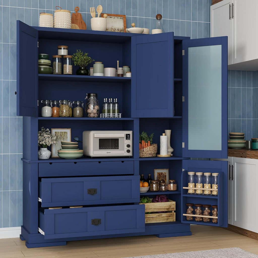 Large Pantry Storage Cabinet with Adjustable Shelves and Drawers, Freestanding Buffet Cabinet Cupboard with Hutch and Door Shelf for Dining Room, Kitchen (Blue)