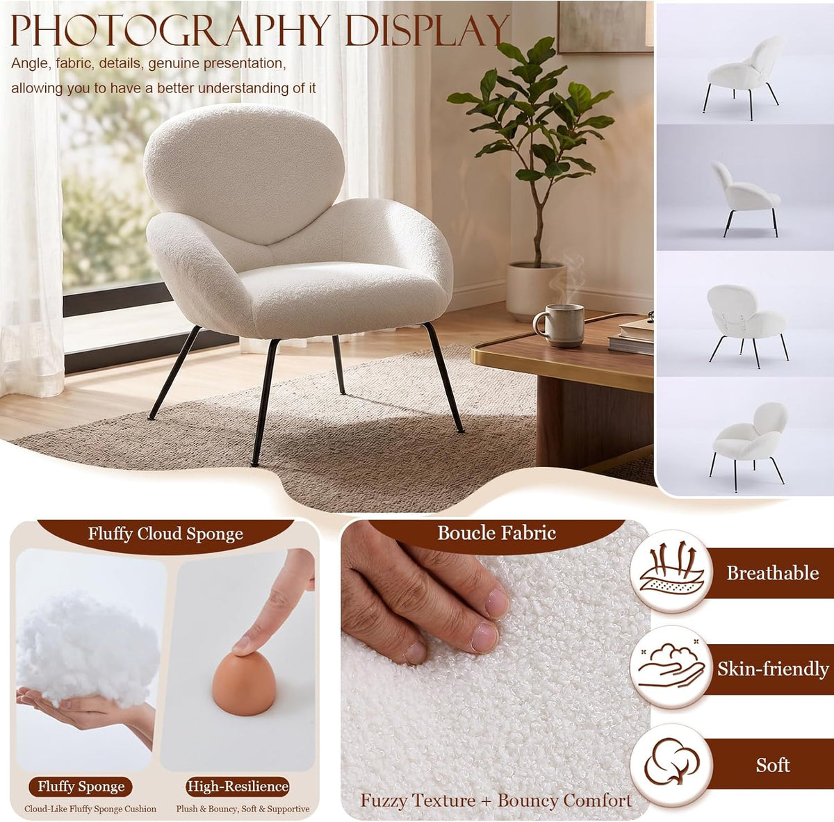 Accent Chair, Accent Chair for Bedroom, Boucle Chair (Cream Whtie) | Comfy Bedroom Chair with Love Back and Sturdy And Durable Solid-Wood Frame/ Study Room / Bedroom / Living Room /(Cream Style)