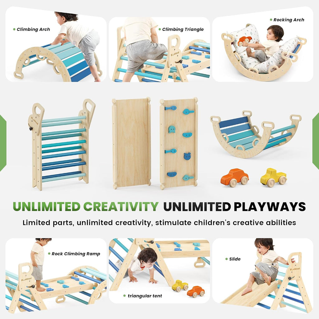 BlueWood Pikler Triangle Set Blue with Cushion and Wooden Busy Board
