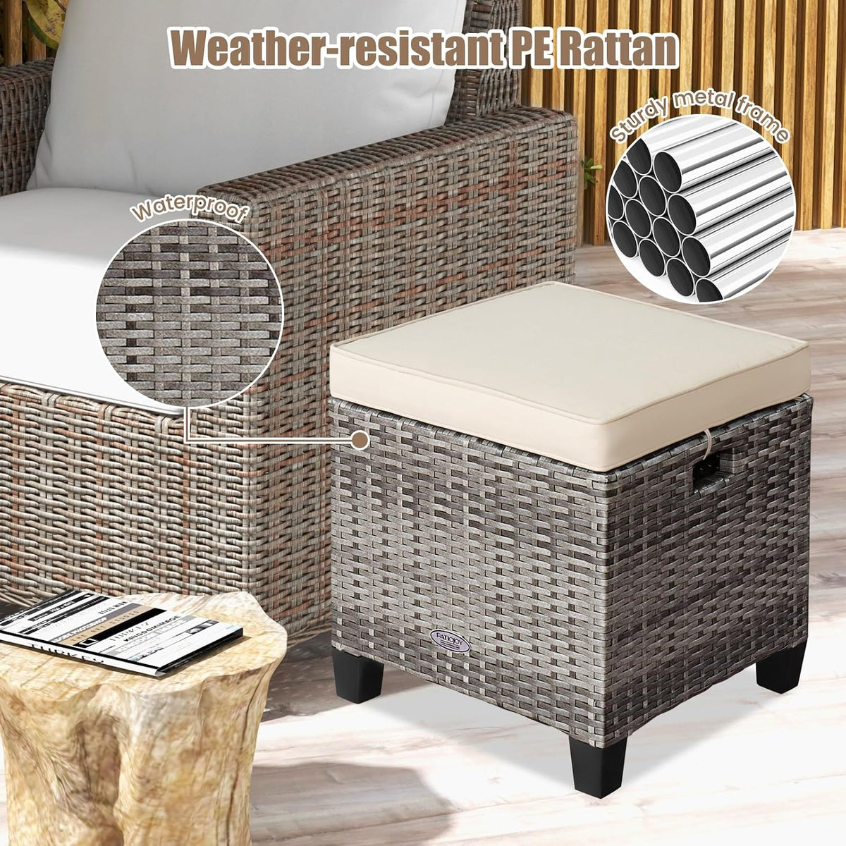 ORALNER Set of 2 Outdoor Ottoman, 16” Wicker Foot Stools, All-Weather Rattan Cube Footstool w/Removable Cushions, Square Footrest Extra Seating for Patio, Porch, Deck, Easy Assembly (Beige)