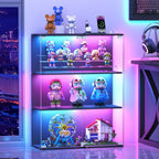 VersionTECH. Glass Display Cabinet with RGB LED Lights, Full-View Display, 3-Tier Display Case with Glass Doors for Collectibles, Cabinets with Lock, Human Sensor, Charging Station, Black