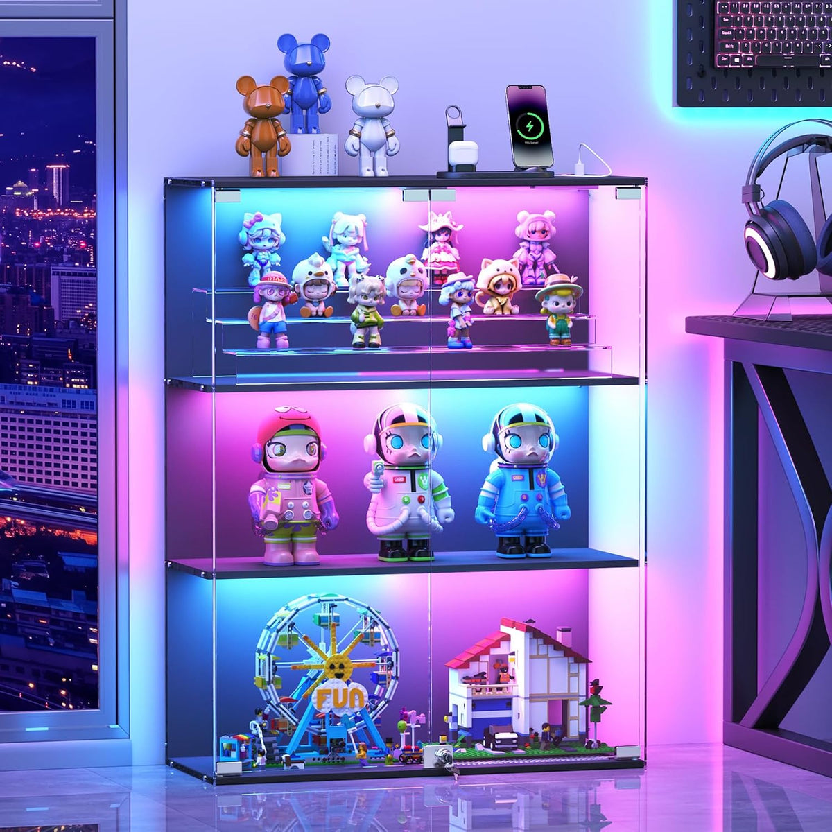 VersionTECH. Glass Display Cabinet with RGB LED Lights, Full-View Display, 3-Tier Display Case with Glass Doors for Collectibles, Cabinets with Lock, Human Sensor, Charging Station, Black