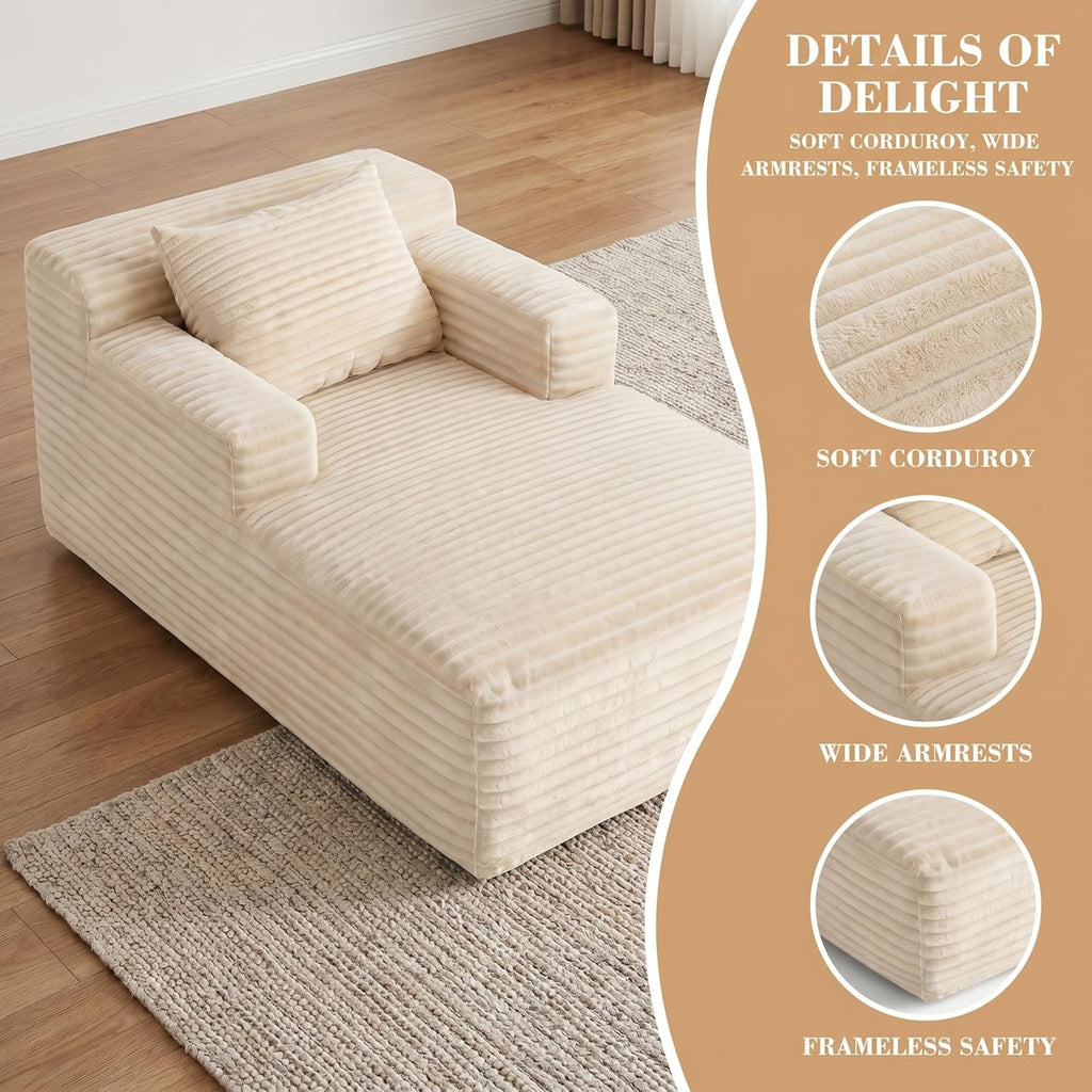 45" Mini Chaise Lounge Chair, Corduroy Upholstered Sofa Bed, Deep Seat Sleeper Couch, Small Comfy Cloud Couch for Living Room, Bedroom, Movie Room, Beige