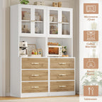 Keyluv 71“ Tall Kitchen Pantry Storage Cabinet with Microwave Stand, Buffet Kitchen Hutch with Shelves and Drawers, Wood Coffee Bar Pantry Cabinet with Glass Doors, for Dining Room/Small Space, Khaki