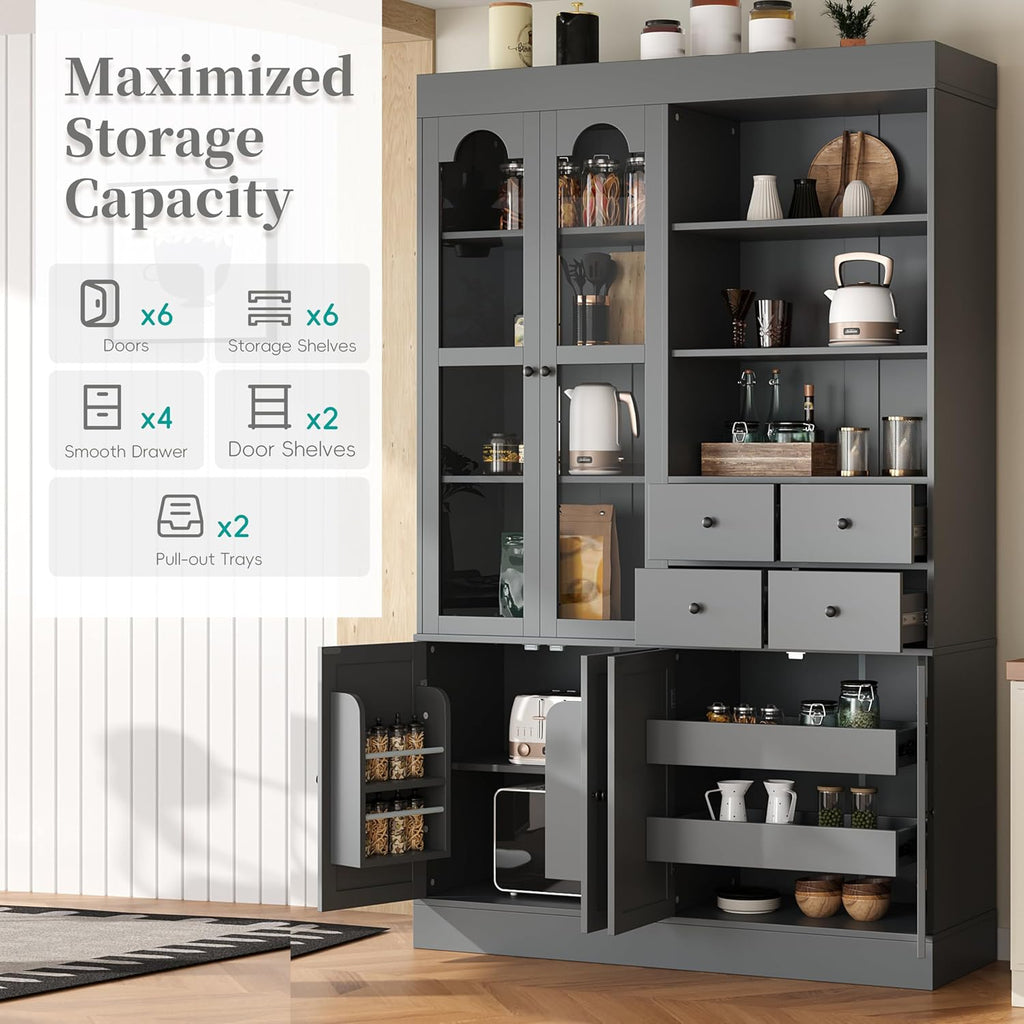 roomfitters 75 Inch Tall Kitchen Pantry Buffet Hutch with 4 Drawers and Glass Doors, Shaker Style, Gray