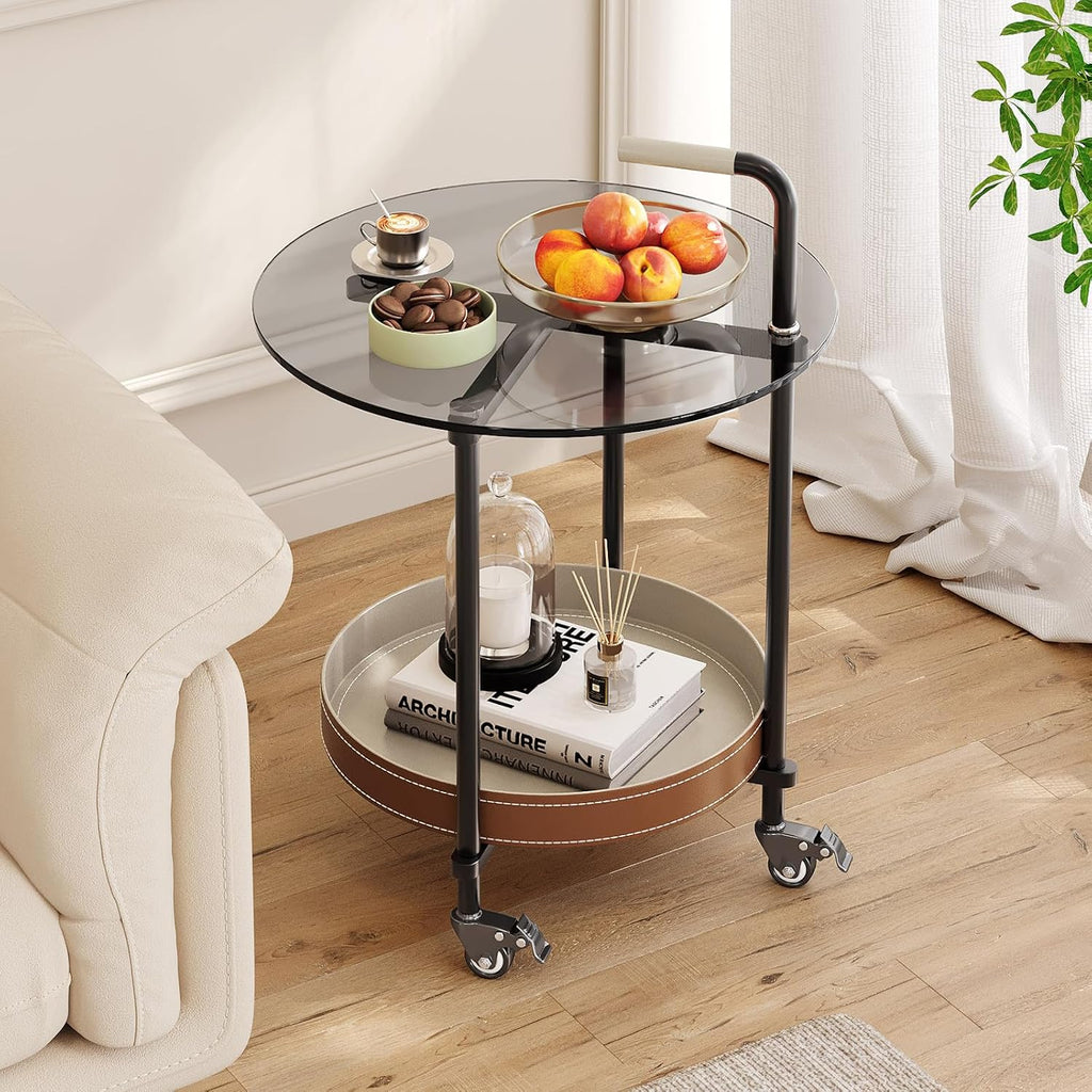 Sofa Side Table, 2-Tier Metal Frame Glass Top End Table on Wheels, Round Beside Tables with Storage Basket and Handle, Space Saving & Easy Assmable