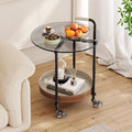 Sofa Side Table, 2-Tier Metal Frame Glass Top End Table on Wheels, Round Beside Tables with Storage Basket and Handle, Space Saving & Easy Assmable