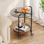 Sofa Side Table, 2-Tier Metal Frame Glass Top End Table on Wheels, Round Beside Tables with Storage Basket and Handle, Space Saving & Easy Assmable