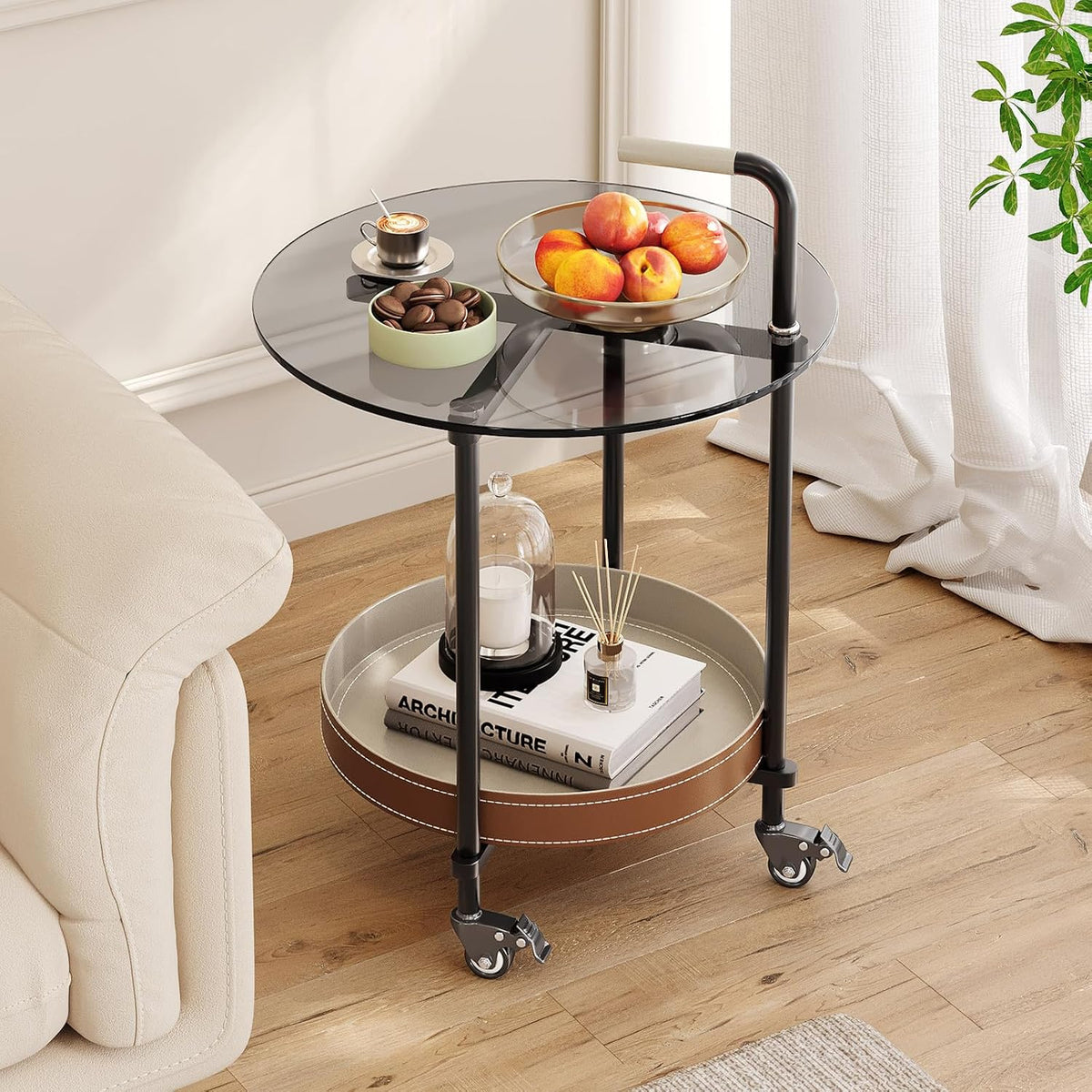Sofa Side Table, 2-Tier Metal Frame Glass Top End Table on Wheels, Round Beside Tables with Storage Basket and Handle, Space Saving & Easy Assmable