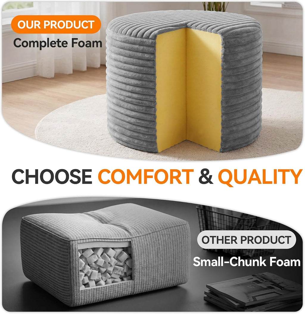 20in Round Pouf Ottoman, Large Corduroy Ottoman Foot Rest with Solid High-Density Foam, Removable Washable Cover, Soft Floor Foot Stool for Living Room, Bedroom, Grey