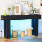 Depeht 63" Long Console Table with Power Outlet LED Lights, Wooden Farmhouse Sofa Behind Couch Table with Storage, Large Industrial Hallway Accent Furniture for Living Room, Entryway, Hallway (Black)