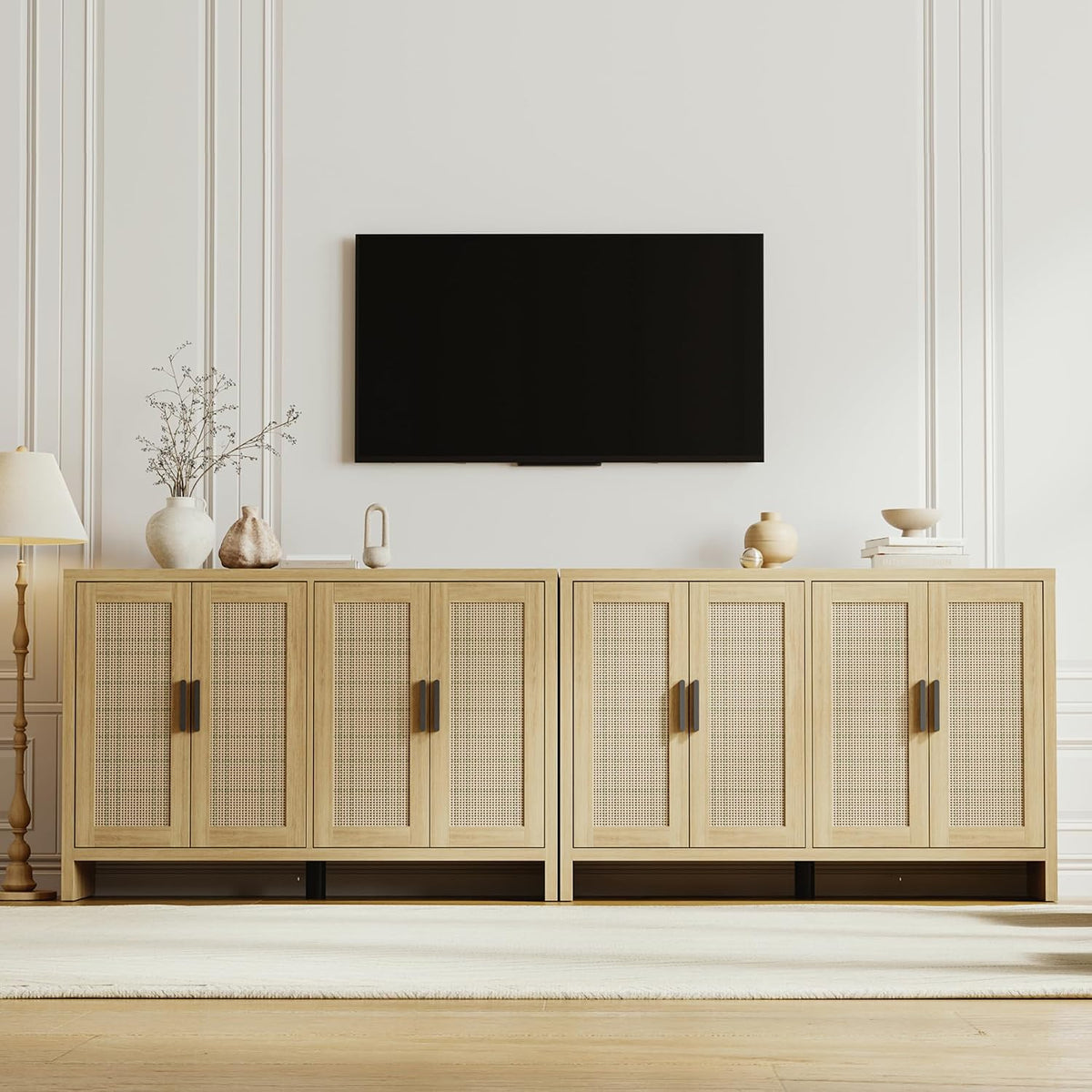 Mericonia Rattan Buffet Cabinet with Storage, Sideboard with Doors, Console Table, Farmhouse Coffee Bar, Modern Wood Long Cabinets (Oak)
