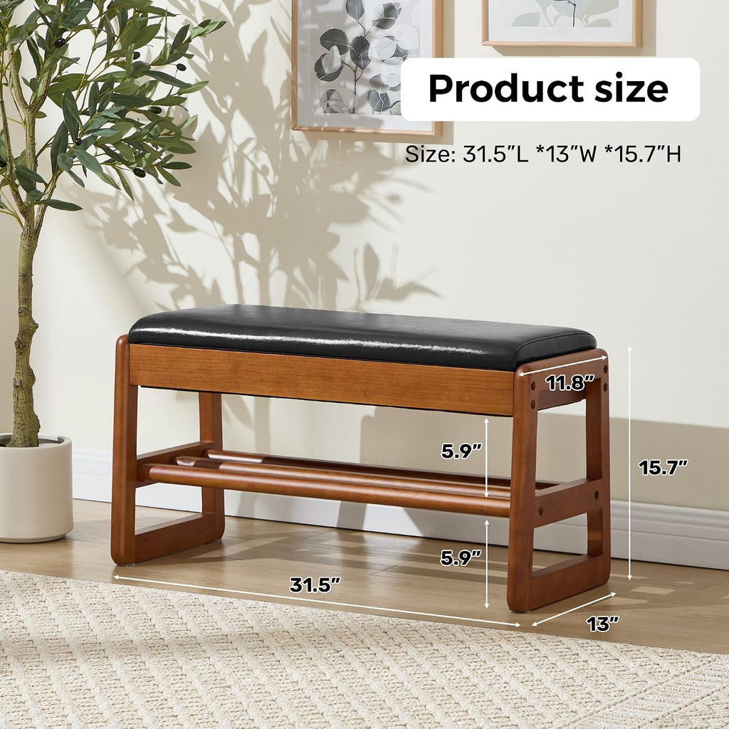 31.5" Shoe Rack Bench,2 Tiers Shoe Bench with Storage,Walnut Storage Bench with Faux Leather Cushion for Entrance Entryway Hallway PU Black