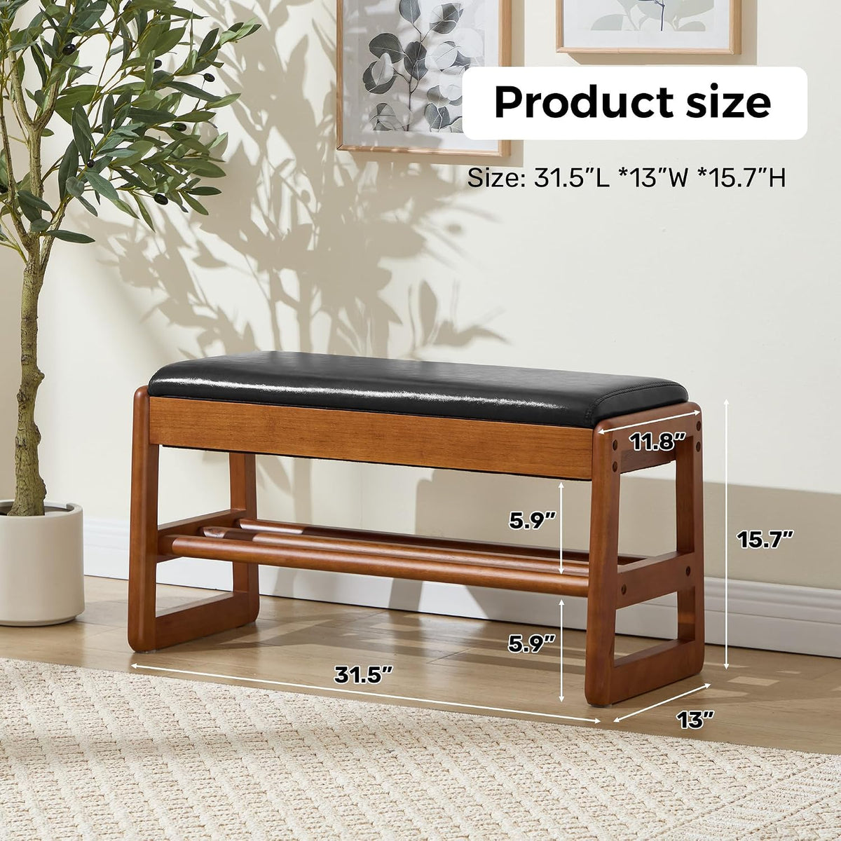 31.5" Shoe Rack Bench,2 Tiers Shoe Bench with Storage,Walnut Storage Bench with Faux Leather Cushion for Entrance Entryway Hallway PU Black