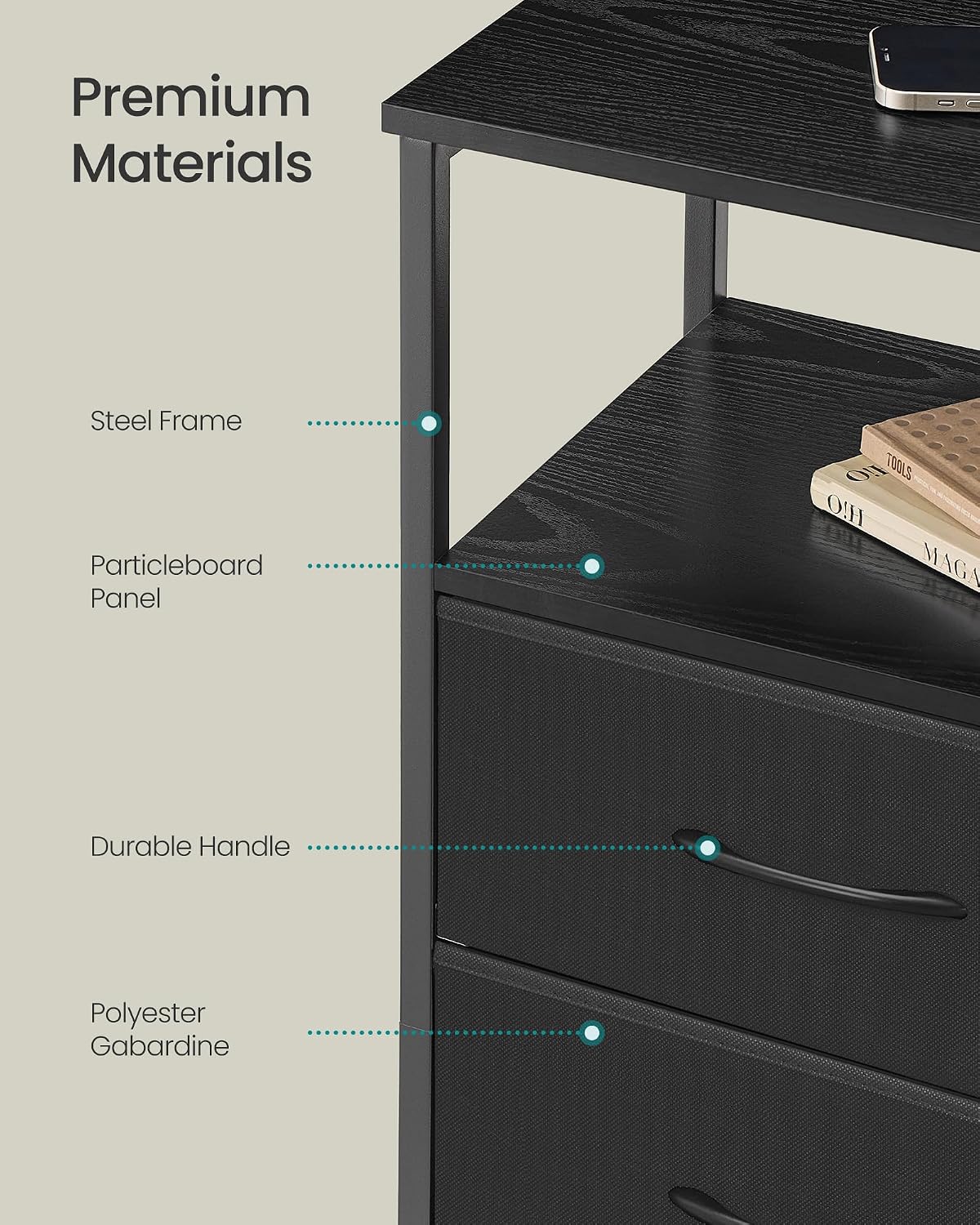 SONGMICS BELLAH Collection - Nightstand with Charging Station and App-Controlled Adjustable LED Lights, Bed Side Table, 2 Drawers and 1 Open Shelf, Modern, Ink Black and Ebony Black ULGS302BH01S