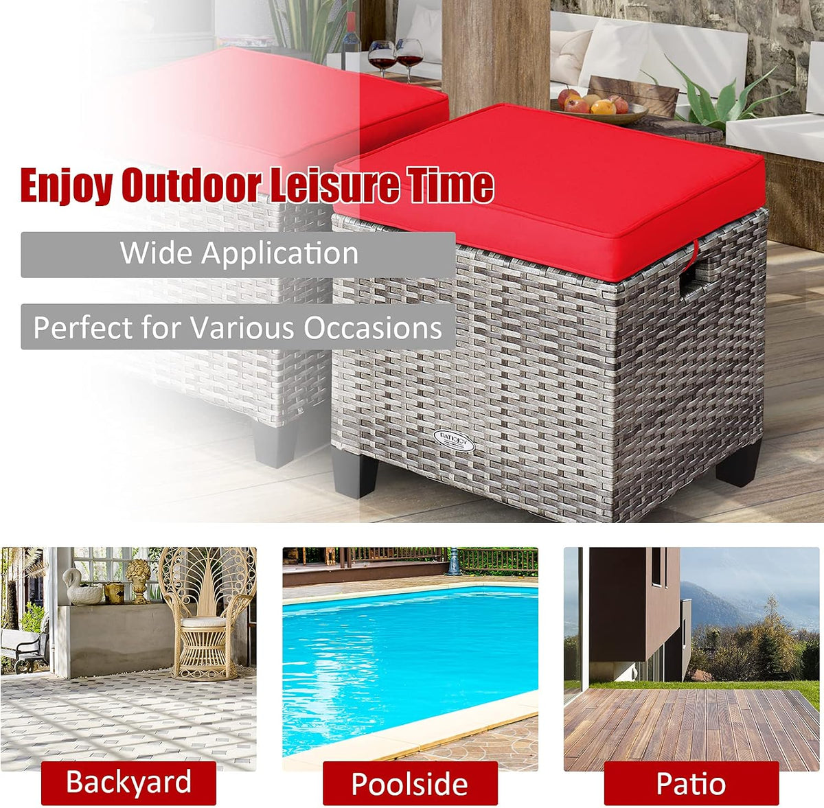 RELAX4LIFE 2-Piece Patio Rattan Ottomans - Outdoor Wicker Furniture w/ 2 Footrest Stools, Comfortable Cushions & Steel Metal Frame, All-Weather Patio Set for Backyard,Garden (Red)