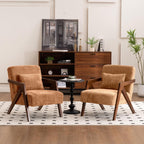 Mid-Century Modern Accent Chair Set of 2 with Solid Wood Frame，Upholstered Chenille Living Room Arm Chairs with Pillow for Bedroom, Living Room, Reading Room, Balcony, Brown
