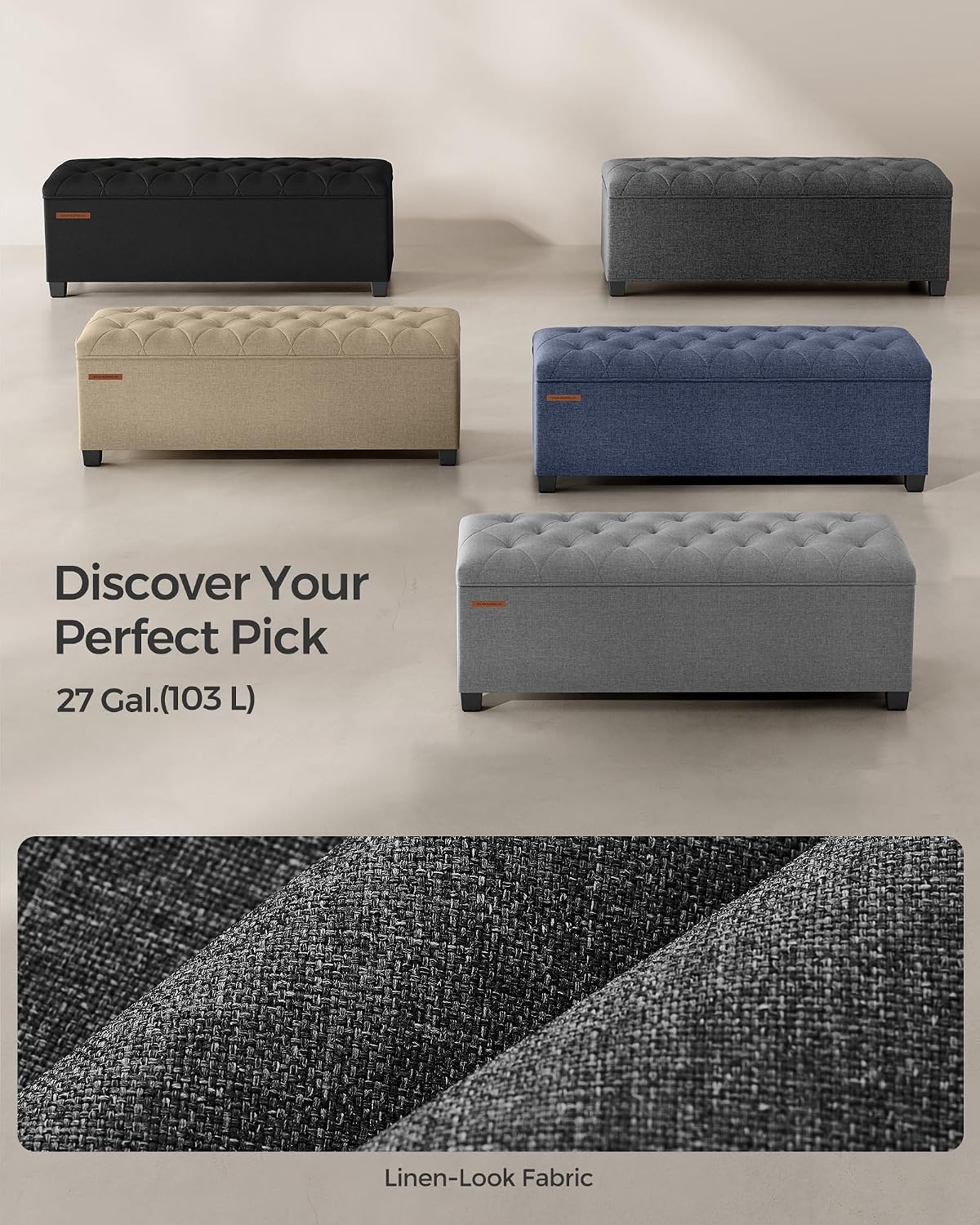 SONGMICS Storage Ottoman Bench, Foot Rest with Legs, Load up to 661.4 lb | End of Bed Bench, Storage Chest, 43.3 x 15.8 x 15.8 Inches, Slate Gray and Ink Black, MELISA Collection ULSF088G01