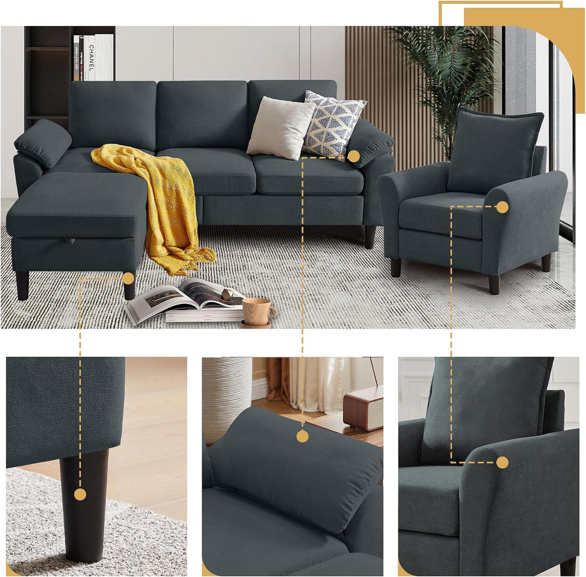 Convertible Sectional Sofa Set, 79" Modern L Shaped Couch, Linen Upholstered 3 Seat Sofa and 35" Accent Chair, Couches for Living Room, Apartment, Dark Grey