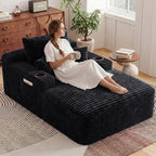 65" L Oversized Chaise Lounge Chair Indoor,Comfy Reading Chair with Cup Holder & Side Pockets,Corduroy Fabric Single Cloud Sofa Chair for Living Room & Bedroom,No Assembly, Black