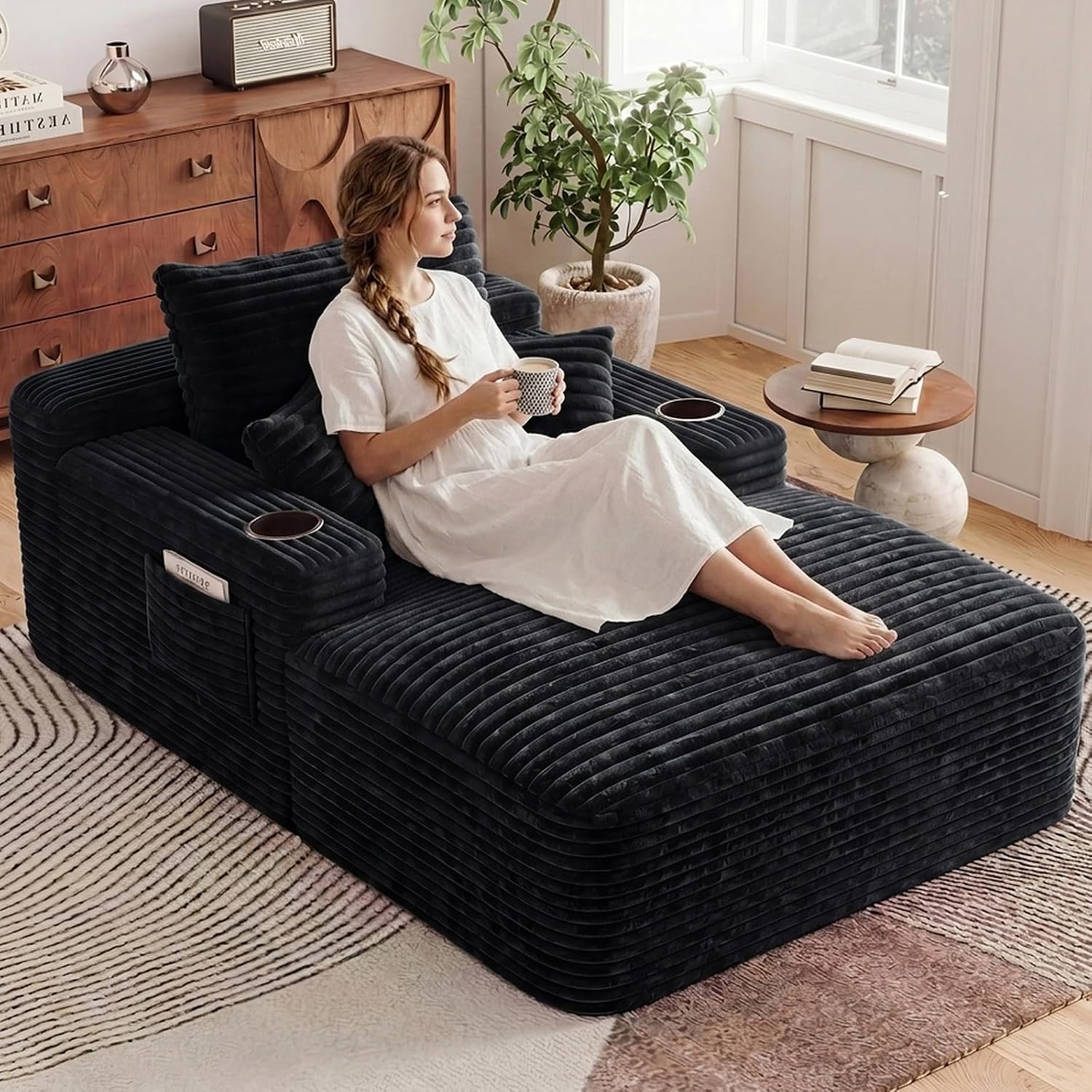 65" L Oversized Chaise Lounge Chair Indoor,Comfy Reading Chair with Cup Holder & Side Pockets,Corduroy Fabric Single Cloud Sofa Chair for Living Room & Bedroom,No Assembly, Black