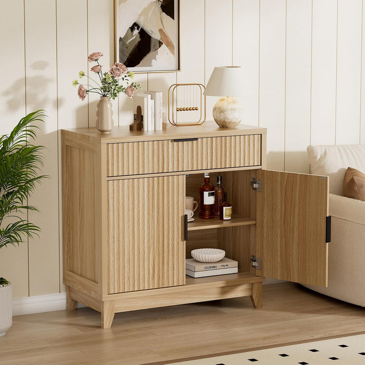 Vabches Fluted Sideboard Buffet Cabinet with Storage, 32" Coffee Bar Console Table with Drawer, Fluted Doors & Adjustable Shelf, Wood Small Buffet Cabinet for Living Room, Kitchen Dining Room, Oak