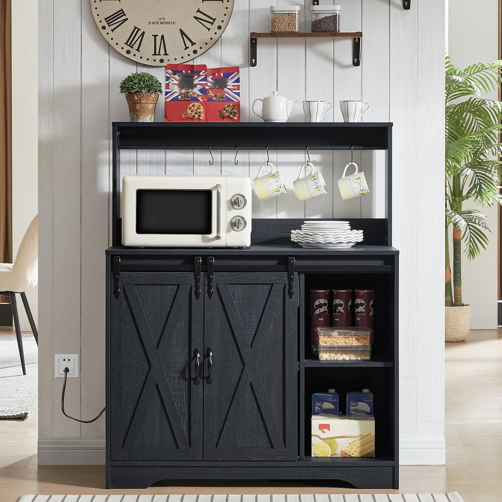 Wnutrees Farmhouse Coffee Bar Cabinet with Charging Station and USB, Black | 39" Kitchen Hutch Sideboard Buffet with Sliding Barn Door, Storage Cabinet for Dining Living Room