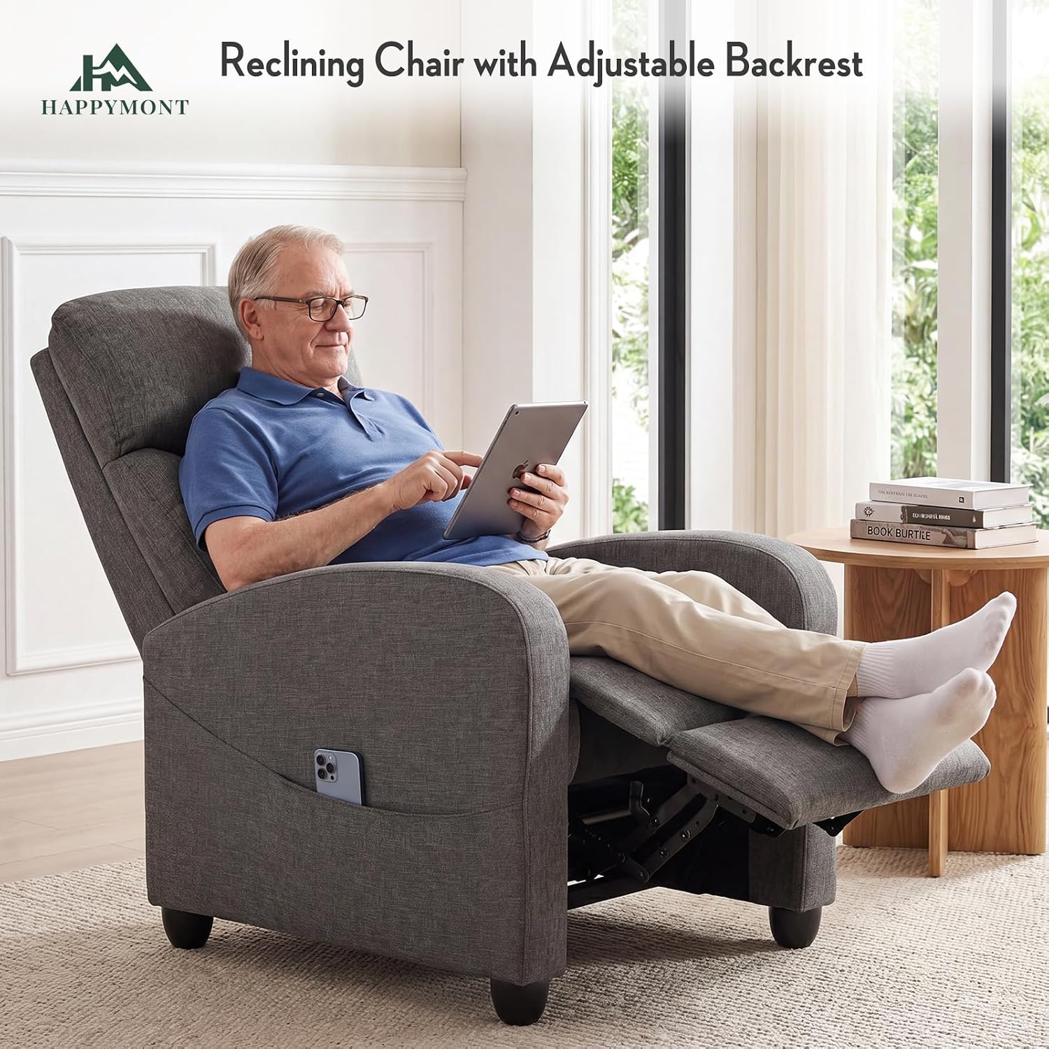 Massage Recliner Chair, Recliner Sofa Fabric for Adults, Recliners Home Theater Seating with Lumbar Support, Reclining Sofa Chair for Living Room, Greige