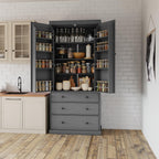 77" Tall Kitchen Pantry Cabinet with 3 Drawers, Large Wooden Kitchen Organizers Storage Cabinet Cupboard with 8 Door Shelves and 3 Adjustable Shelves for Dining Room, Grey