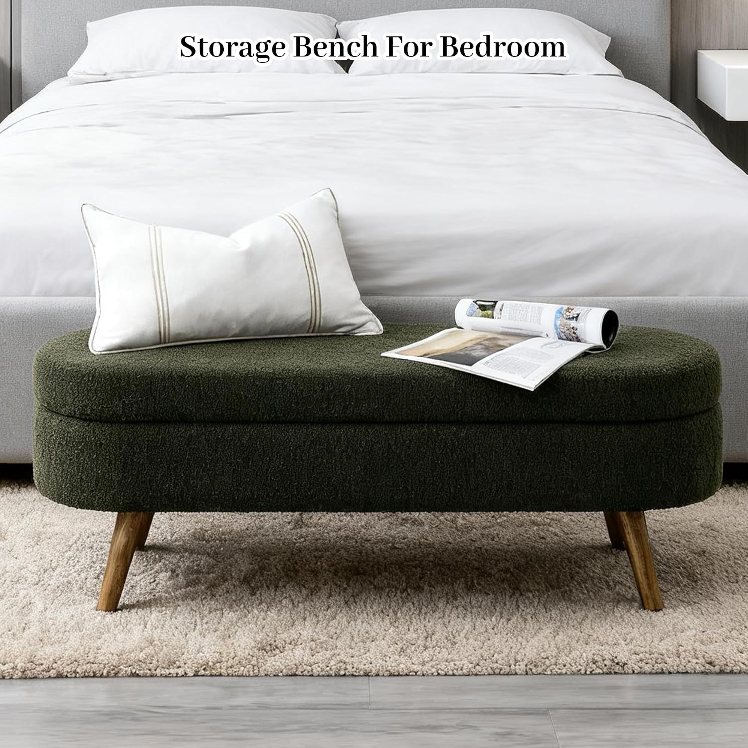 Storage Bench, 43" Storage Ottoman Bench, Shoe Storages Benches for Bedroom, Upholstered Entryway Benches with Seating, Rubber Wood Legs for Bedroom, Living Room, Entryway, Bed Side, Green