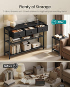 SONGMICS Console Table, Narrow Sofa Table with 2 Mesh Shelves for Entryway, Living Room, 11.8 x 38.9 x 31 Inches, 3 Fabric Drawers, Ebony Black, BELLAH Collection ULGS098B201