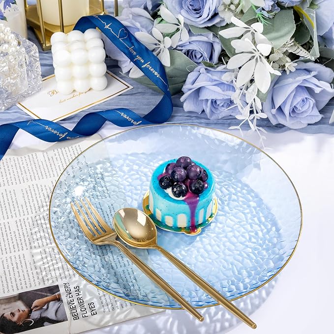 Rubtlamp 60 Pieces Blue Gold Plastic Plates - 10 inch Blue Plastic Dinner Plates - Hammer Pattern Design - Fancy Clear and Gold Disposable Plates Ideal for Wedding & Party