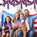 4 Pack 26.4 ft Red White Blue Patriotic Tinsel Garland with American Flags, Metallic Foil Fringe Banner Streamers for 4th of July, Memorial Day, Veterans Day, Independence Day, and Parade Decorations