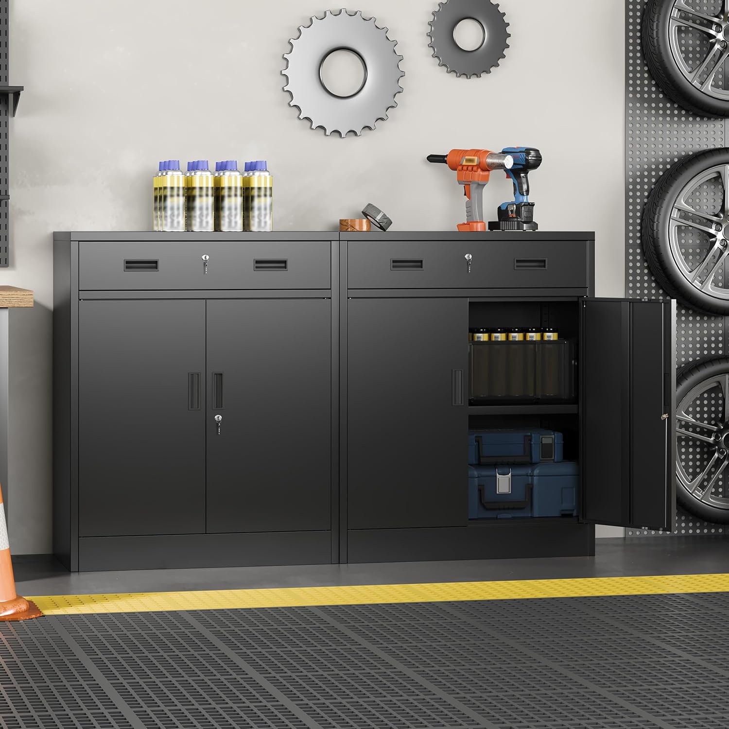 Metal Storage Cabinet, 36" Locking Steel Cabinet with 1 Drawers and 1 Adjustable Shelves for Garage, Home, Office, Kitchen (Black, 36" H x 28" W x 16" D)