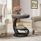 Tribesigns Round End Table, 2-Tier Farmhose Wood Side Table with Shelf Storage, Small Sofa Side Bedside Nightstand, Arc-Shaped Frame Accent Furniture for Living Room, Grey