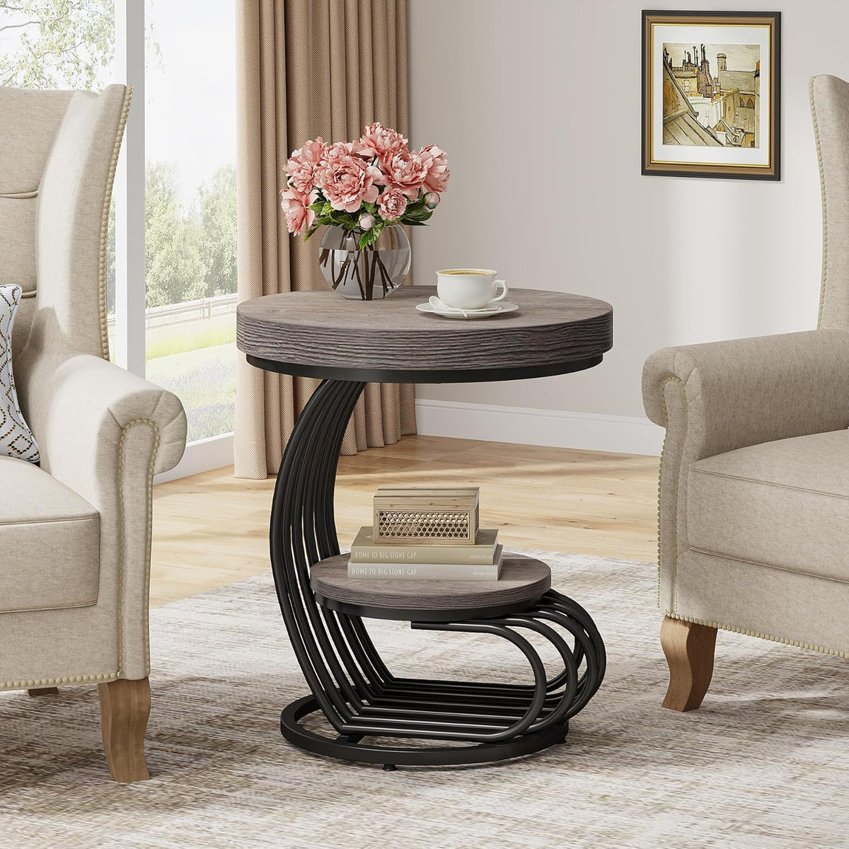 Tribesigns Round End Table, 2-Tier Farmhose Wood Side Table with Shelf Storage, Small Sofa Side Bedside Nightstand, Arc-Shaped Frame Accent Furniture for Living Room, Grey