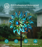 Solar Wind Spinners Outdoor – H63xW13 Metal Kinetic Garden Spinner with Crackle Glass Ball & Built-in Solar Panel – Peacock-Style Yard Wind Sculpture with LED Light