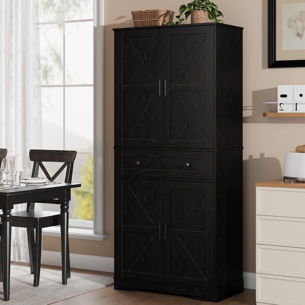 Garvee 71" Kitchen Pantry Cabinet, Barn Door Freestanding Cupboard with Drawer, Sliding Storage Rack, and 6 Hanging Shelves for Kitchen, Dining Room, Living Room Bedroom