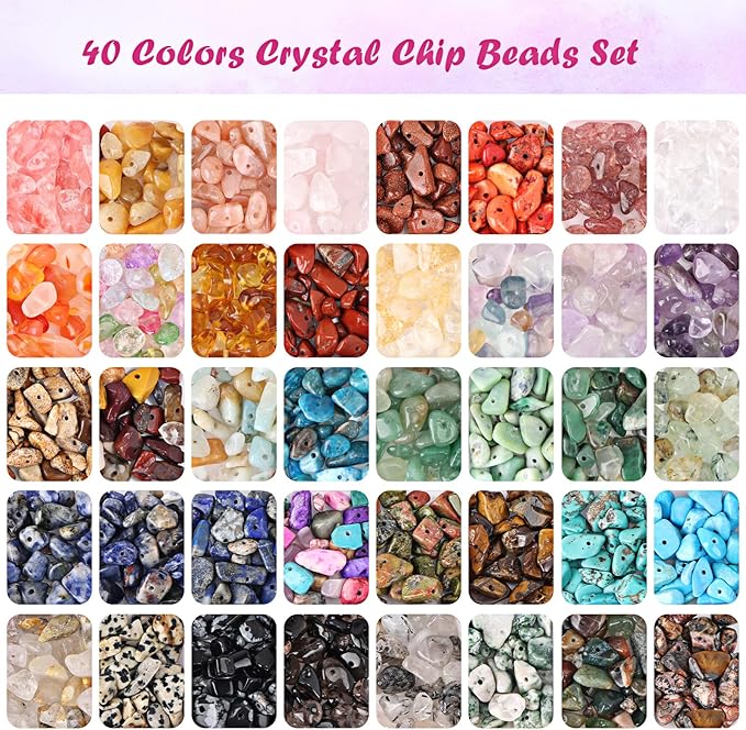 QUEFE 720pcs Crystal Chips Beads Ring Making Kit, 40 Colors Crystal Chips and Gemstone Beads for Jewelry Making Crystal Beads for Ring, Bracelets Earring Making Supplies, Craft Gifts