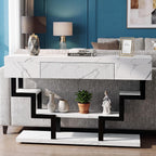 47.3" Console Table with Fluted Drawers, 3-Tier Modern Entryway Table with Geometric Black Metal Frame, Luxury Sofa Table for Living Room, Hallway, Foyer（White Marble Texture