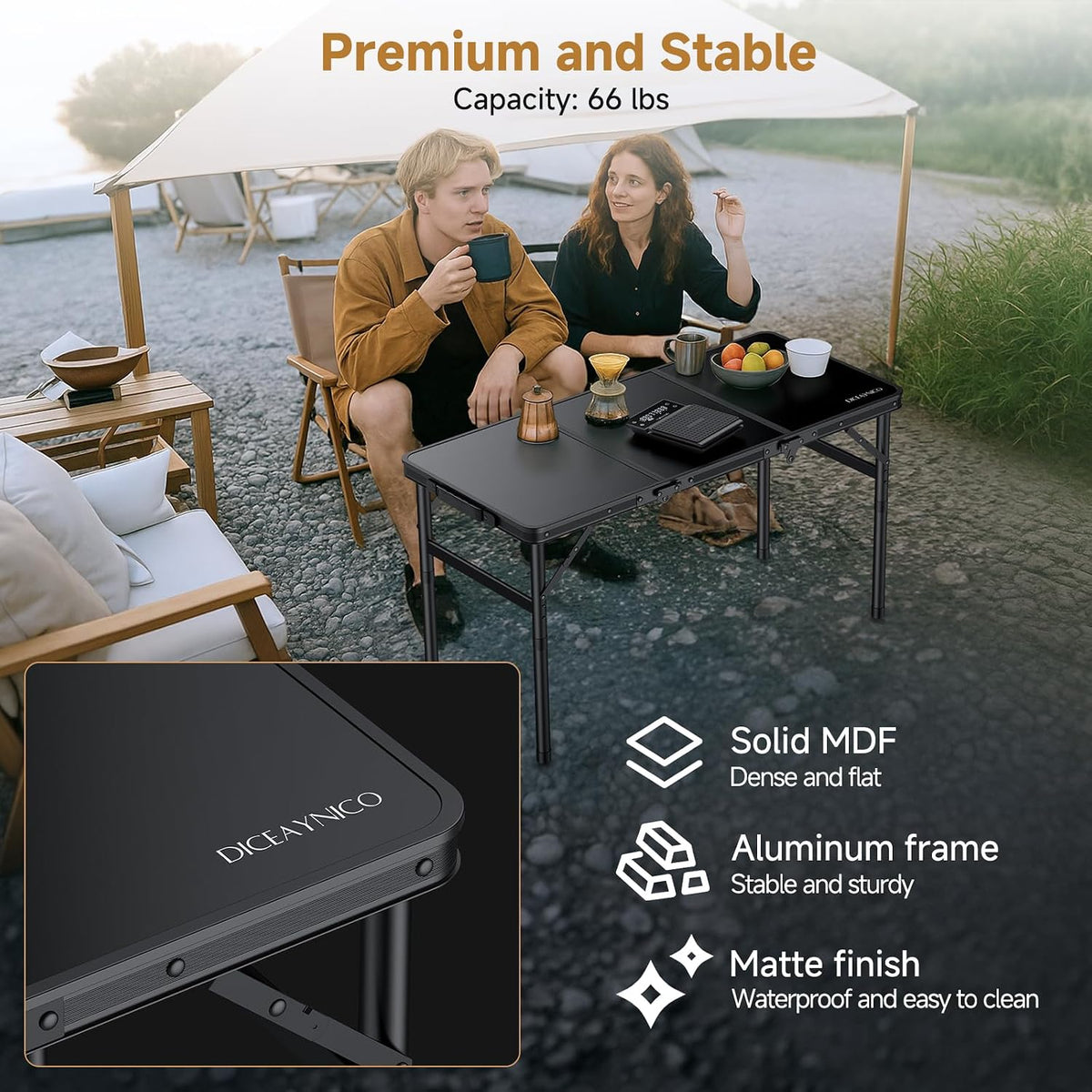Folding Camping Table, 34.2"x15.7" 3 Adjustable Height Max 27.5" | Picnic Table Matte Black Aluminum Folding Table with Handle for Party, Dining, Garden, Patio, Market