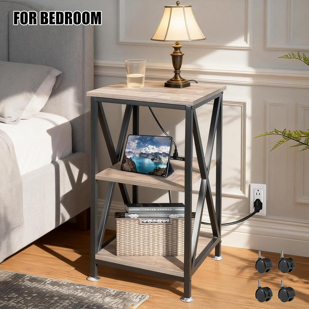 End Tables Living Room Set of 2, Square End Table with Charging Station, 16" D X 16" W X 28" H, Wood and Metal Table with USB Ports and Outlets, Side Table with Wheels for Living Room, Bedroom, Grey