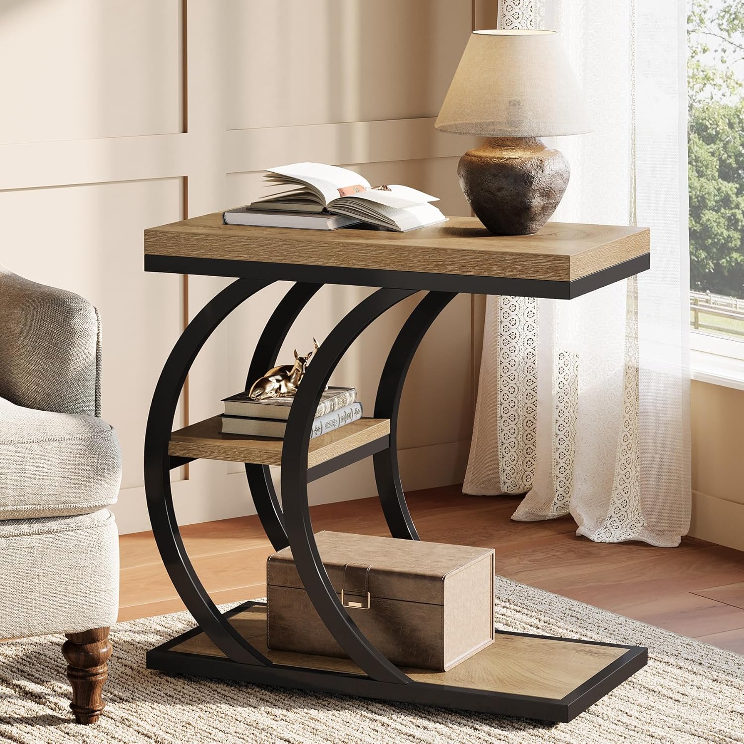 Tribesigns End Table for Living Room, 3-Tier Narrow Wood Couch C-Shaped Side Table with Storage, Industrial Nightstand for Bedroom, Small Spaces, Natural