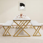 GarveeHome Kitchen Table with 2 Benches, Dining Table Set for 4 | Unique X-Shaped Design,Faux Marble Tabletop,Saving Space,For Kitchen, Dining Room,Apartment,Sturdy Metal Frame
