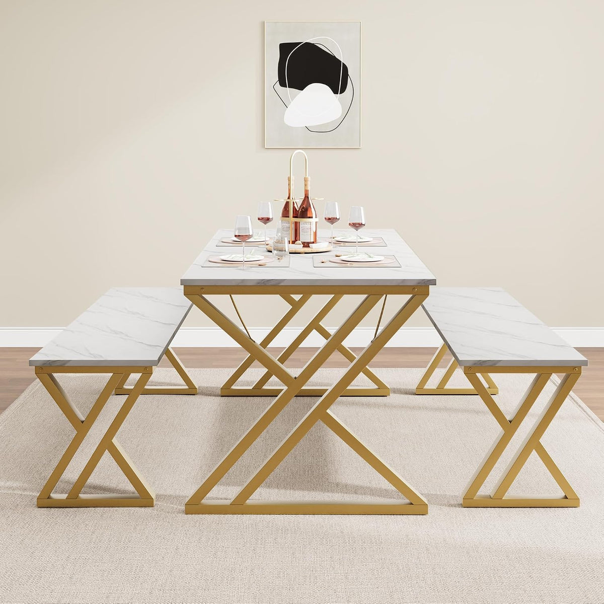 GarveeHome Kitchen Table with 2 Benches, Dining Table Set for 4 | Unique X-Shaped Design,Faux Marble Tabletop,Saving Space,For Kitchen, Dining Room,Apartment,Sturdy Metal Frame
