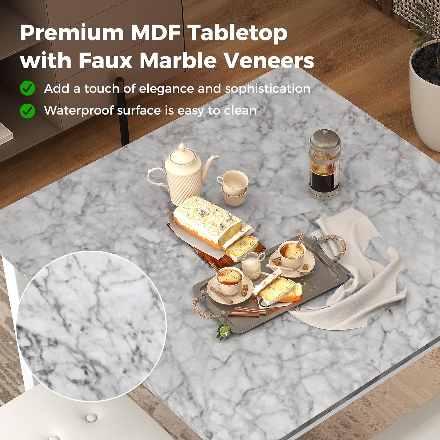 Tangkula 5-Piece Counter-Height Bar Table Set, Faux Marble Square Table & 4 PVC Leather Bar Stools w/Rubber Wood Legs, Modern Dining Set for Kitchen, Breakfast Nook & Small Spaces (White)