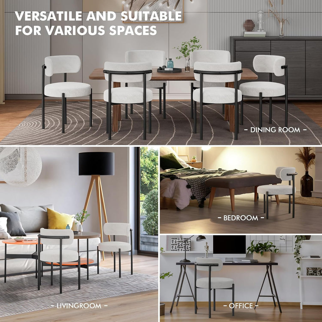 PatioPerk Boucle Dining Chairs Set of 6, White Mid Century Morden Chair with Curved Backrest, Round Upholstered Sherpa with Metal Legs, Suitable for Various Kitchen Styles