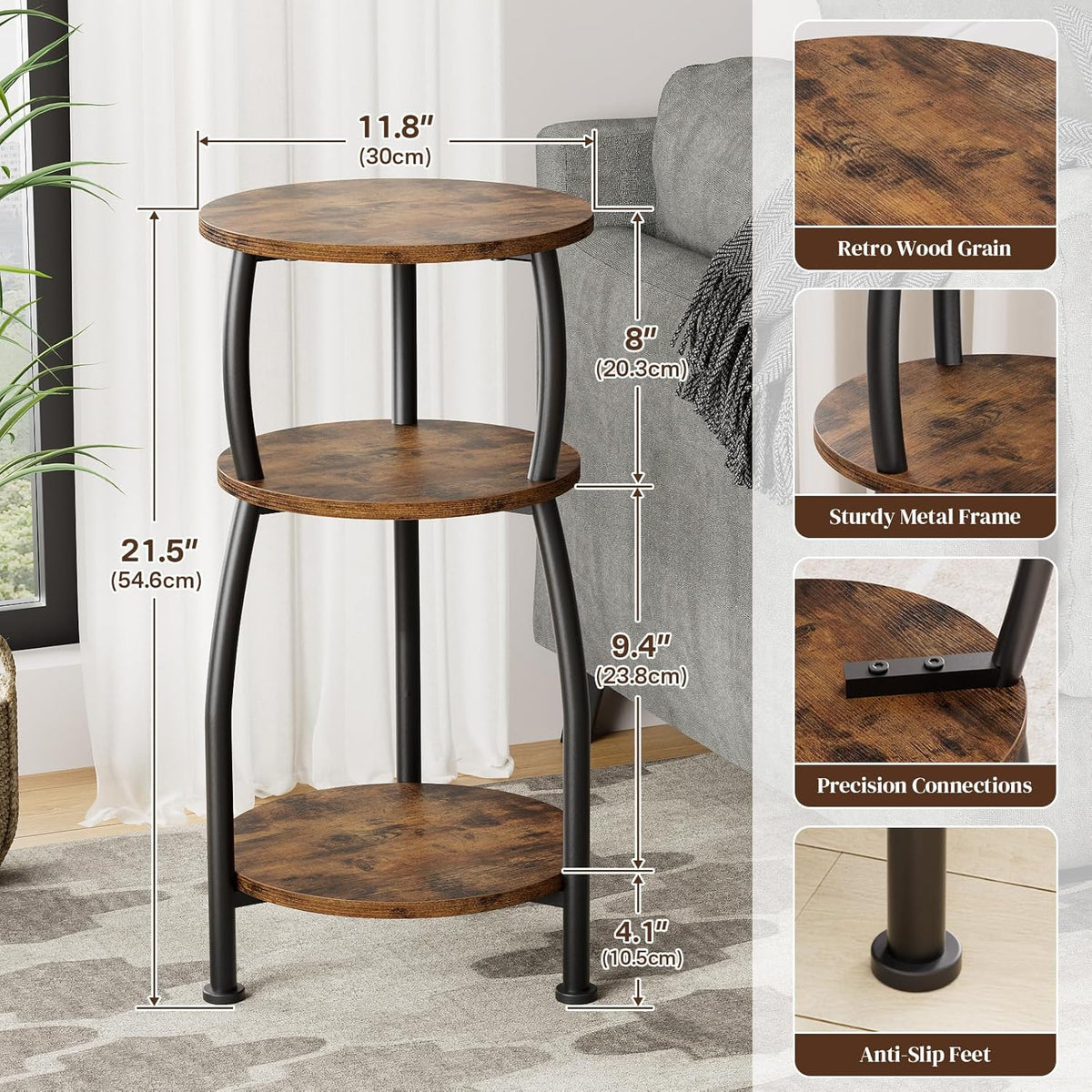 Small Round Side Table for Small Spaces, 3-Tier End Table with Storage Shelf, Slim Night Stand Sofa Corner Table for Living Room Bedroom, Patio and Corner, Rustic Brown